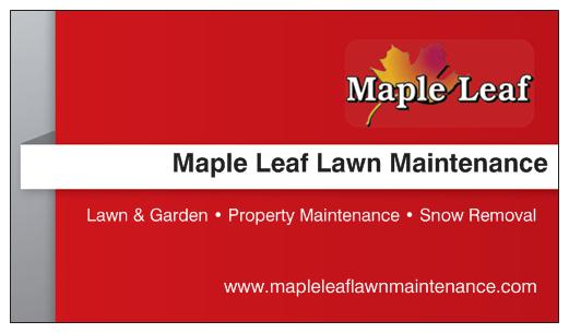 front of red maple leaf lawn maintenance business card with service details